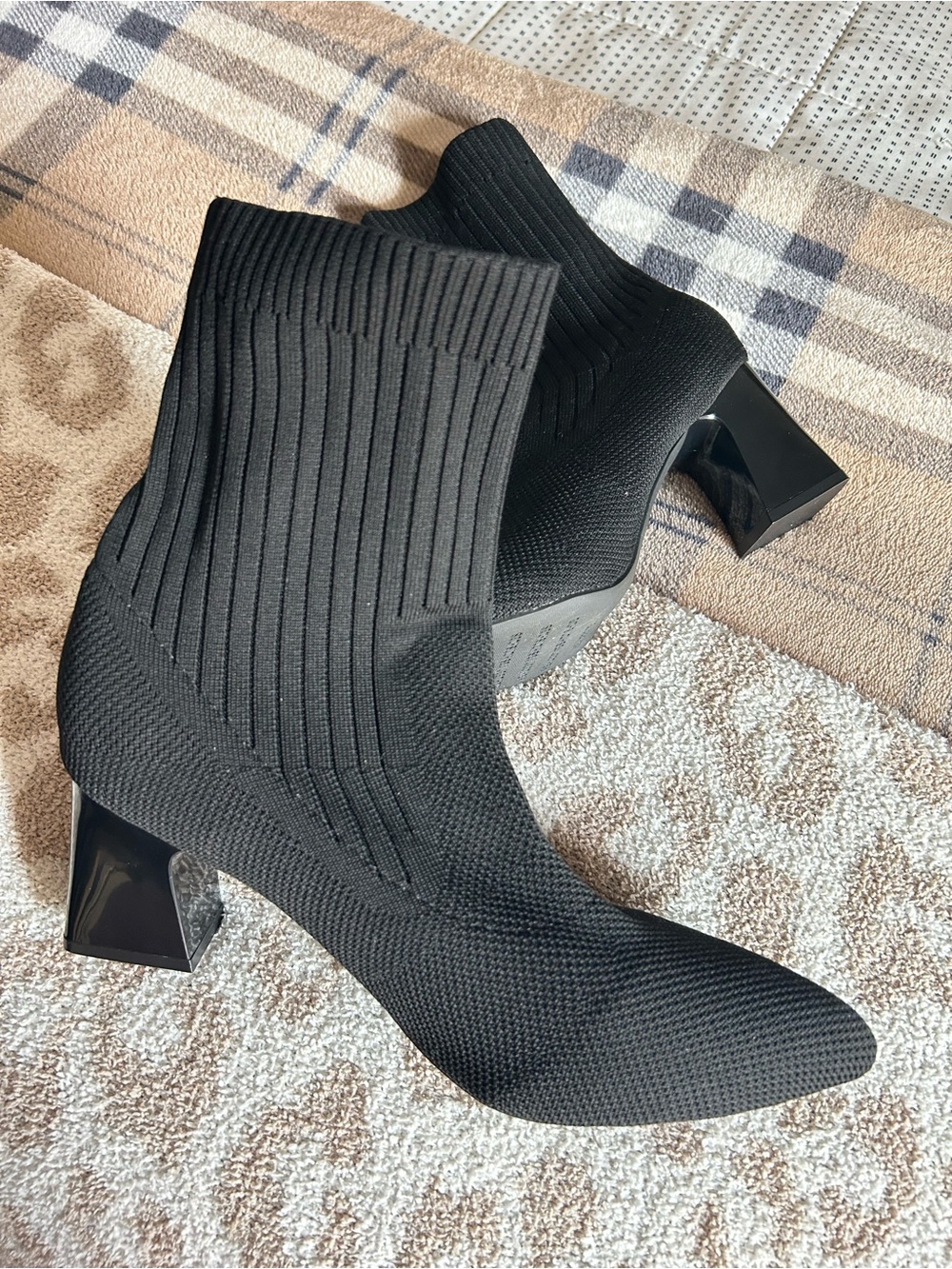 SHEIN Black Knit Sock Booties with Chunky Geometric Heel